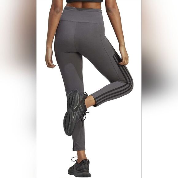 ADIDAS Women's High Rise 3-stripe 7/8 Cotton Tights HM2603 Grey Leggings Size S - Picture 3 of 13